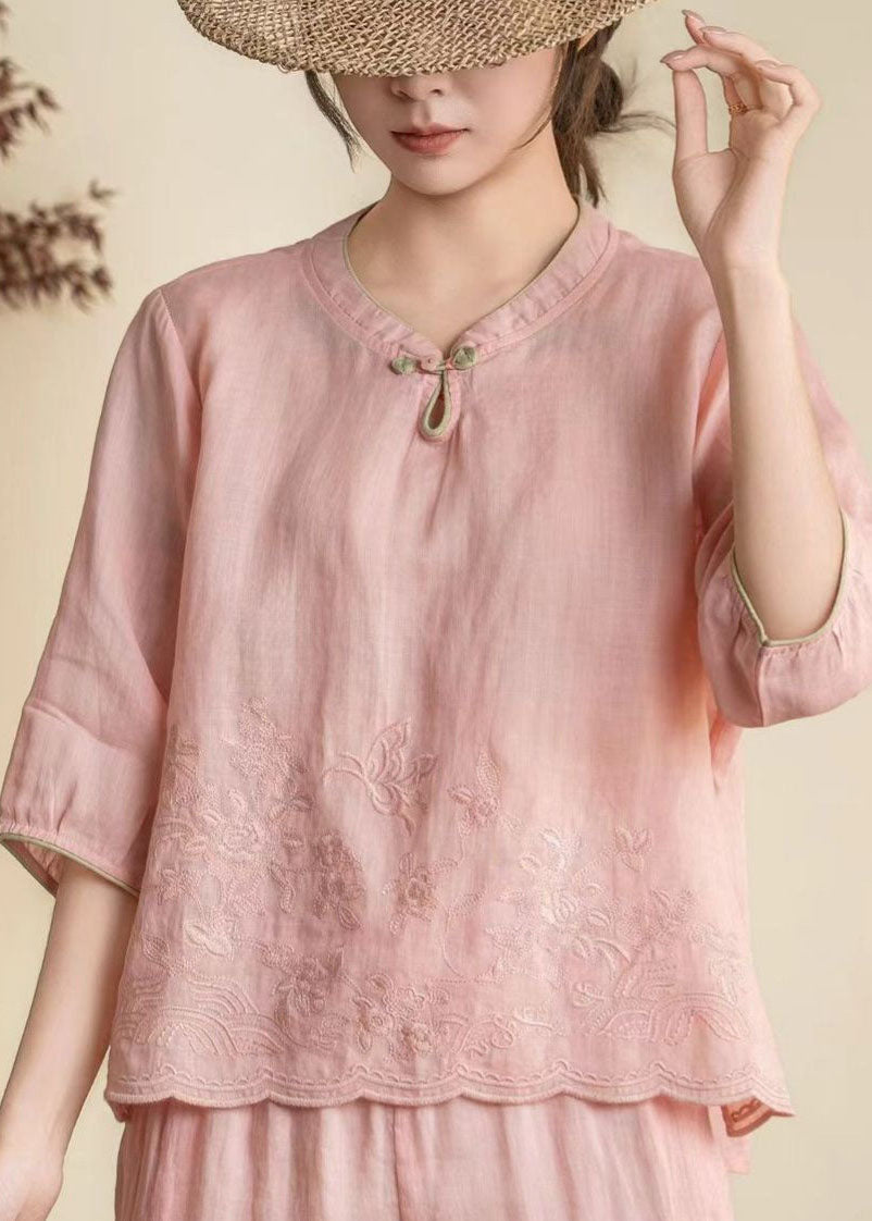 Orange Stand Collar Embroidered Linen Shirt Summer