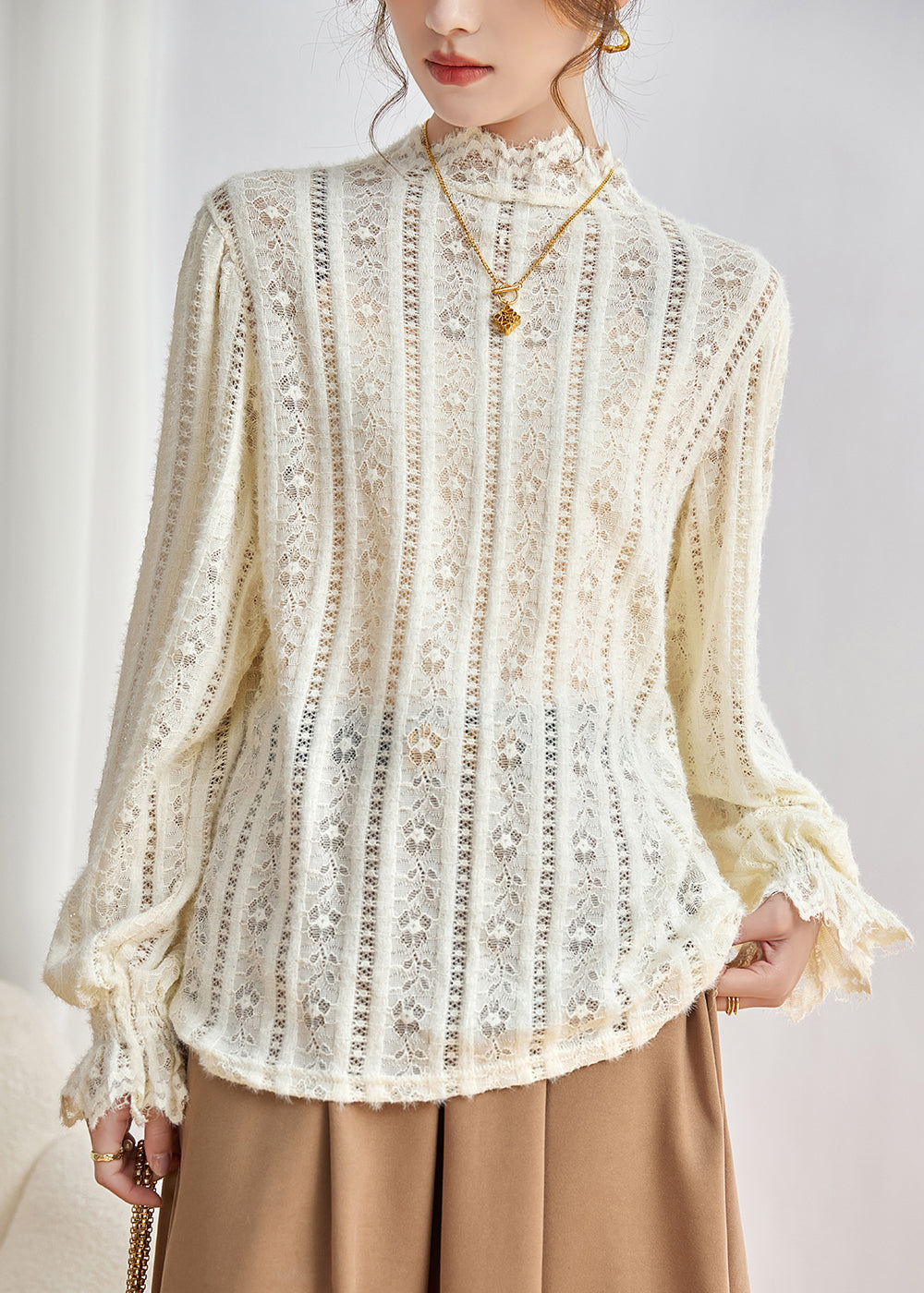 Beige Hollow Out Lace Shirt Tops Fall