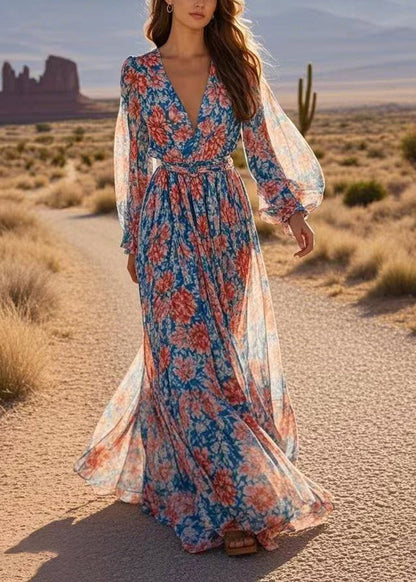 Print Wrinkled Tunic Chiffon Maxi Dresses Spring
