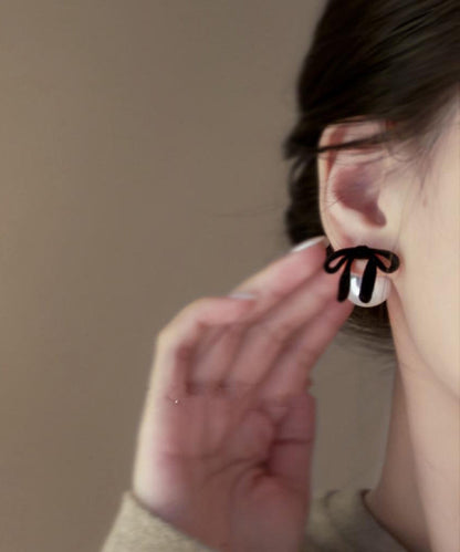 Pink Silk Velour Alloy Pearl Bow Stud Earrings