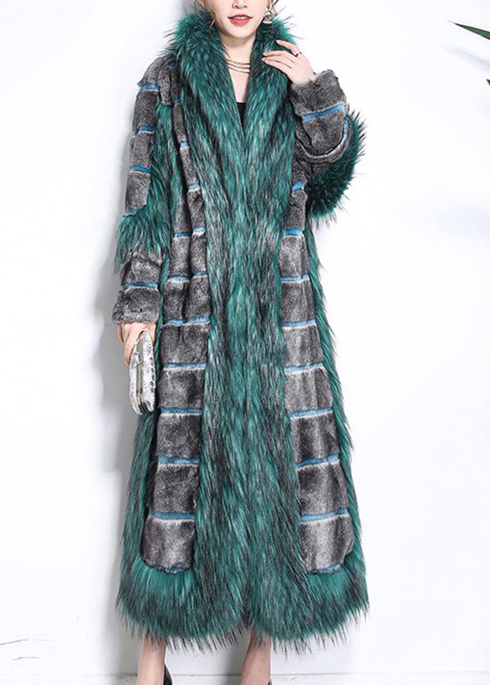 Green Fur Collar Patchwork Striped Fuzzy Fur Fluffy Coats Winter