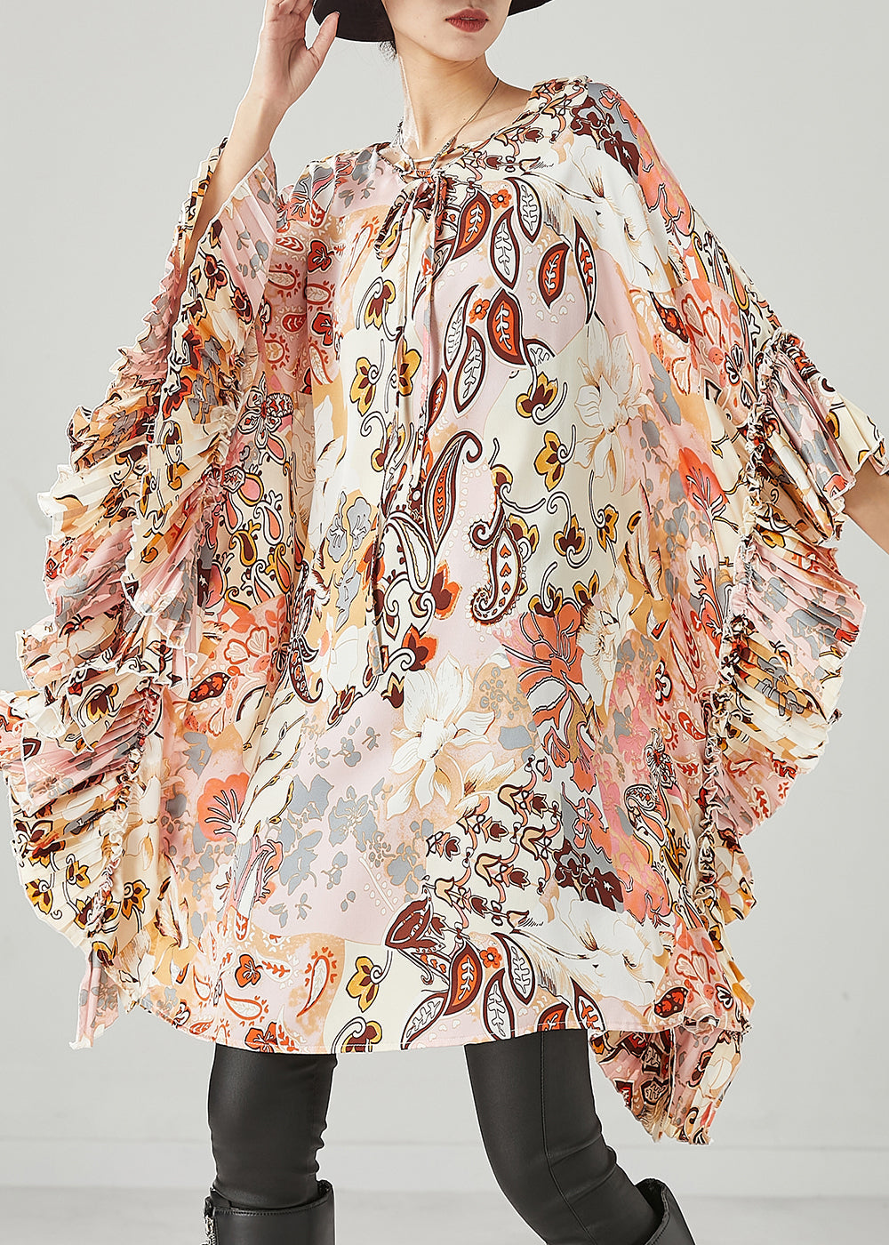 Art Apricot Print Ruffles Chiffon Maxi Dress Batwing Sleeve Spring