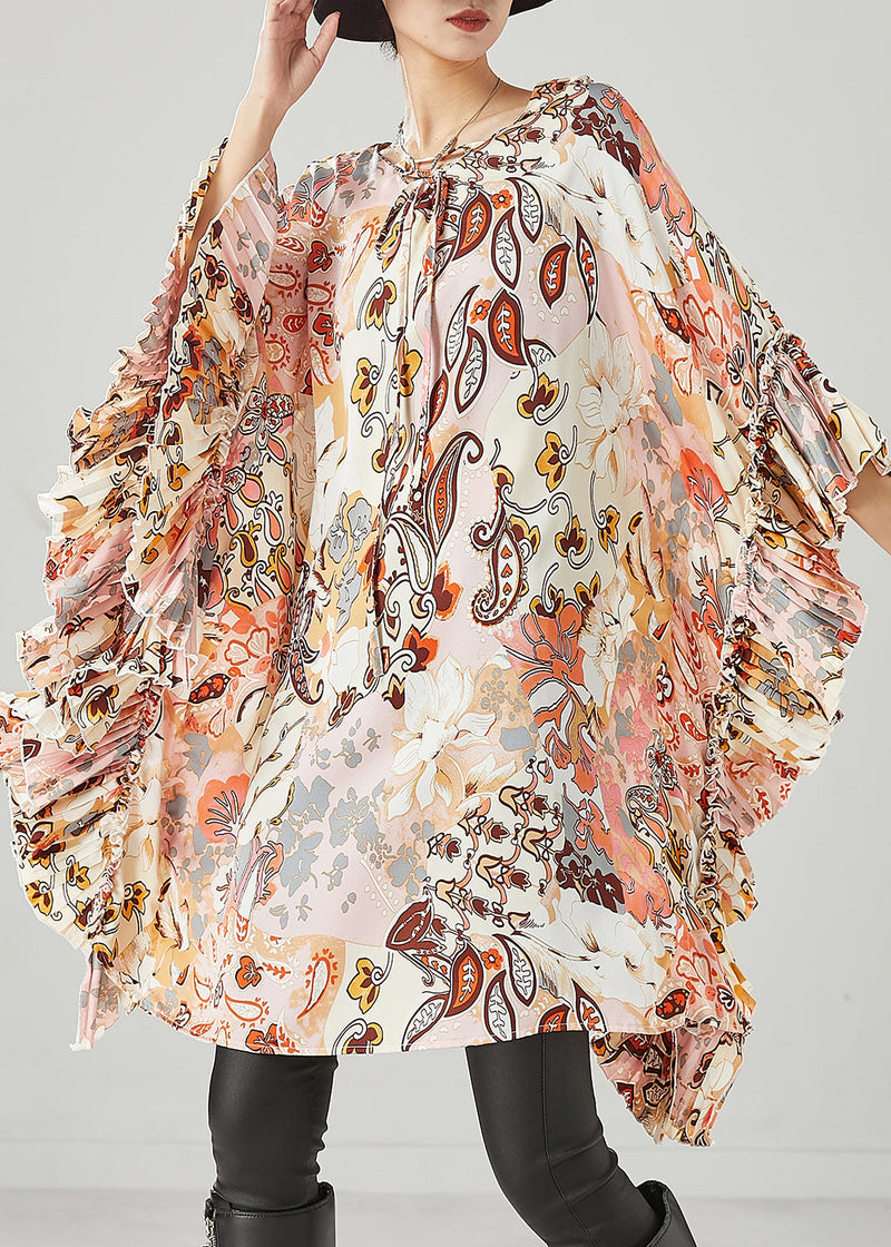 Art Apricot Print Ruffles Chiffon Maxi Dress Batwing Sleeve Spring
