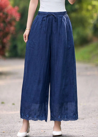 Pink Embroidered Elastic Waist Linen Pants Summer