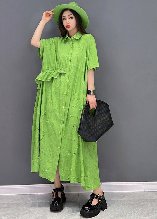 Green Peter Pan Collar Asymmetrical Design Ruffled Vacation Dresses Short Sleeve