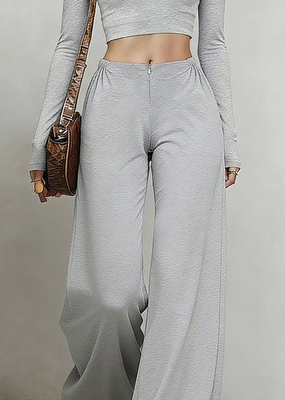 Natural Grey Wrinkled High Waist Wide Leg Pants Summer