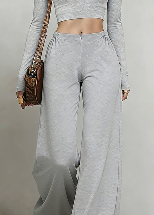 Natural Grey Wrinkled High Waist Wide Leg Pants Summer