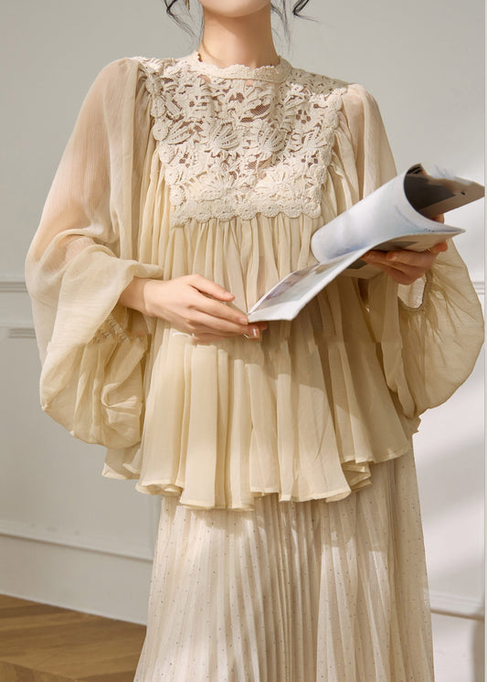 Beige Lace Patchwork Top and a Line Skirts Two Pieces Set Spring