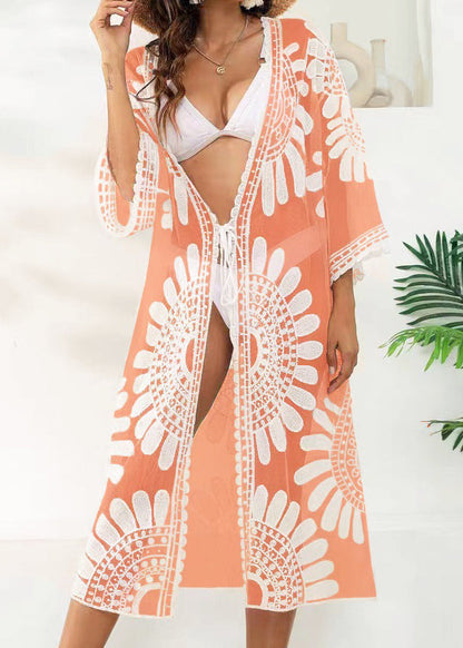 Unique Orange V-neck Print Lace Patchwork Tulle Swimwear Cardigans
