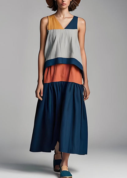Colorblock V Neck Patchwork Cotton Dresses Sleeveless