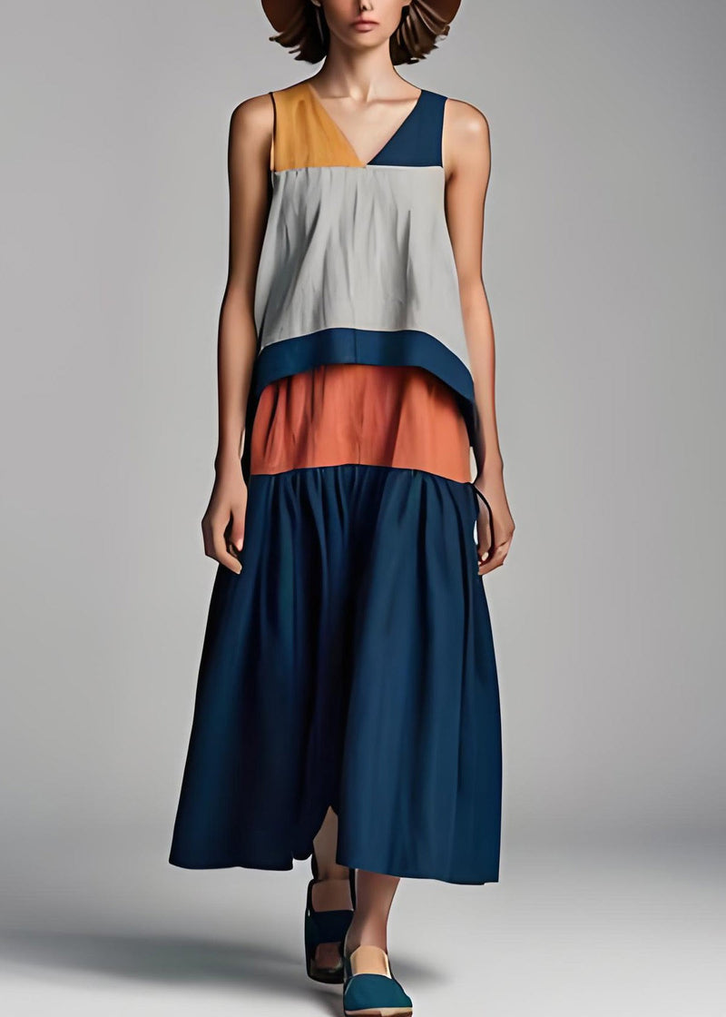 Colorblock V Neck Patchwork Cotton Dresses Sleeveless