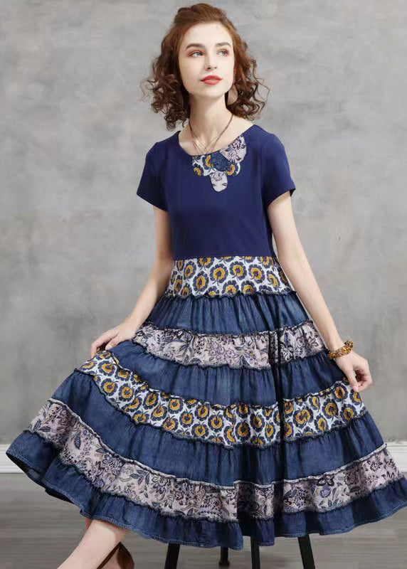 Blue O-neck Patchwork Cotton Vacation Pleated Dresses Short Sleeve