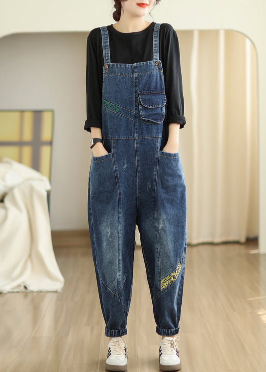 Diy Navy Embroideried Patchwork Denim Jumpsuits Spring