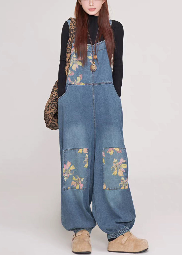 Blue Print Pockets Patchwork Denim Jumpsuit Summer