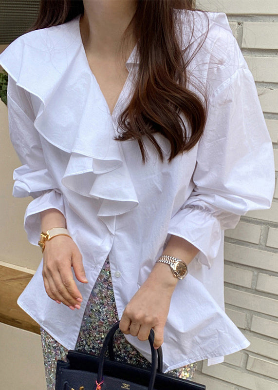 White Cotton Blouse Tops Asymmetrical Ruffles Fall
