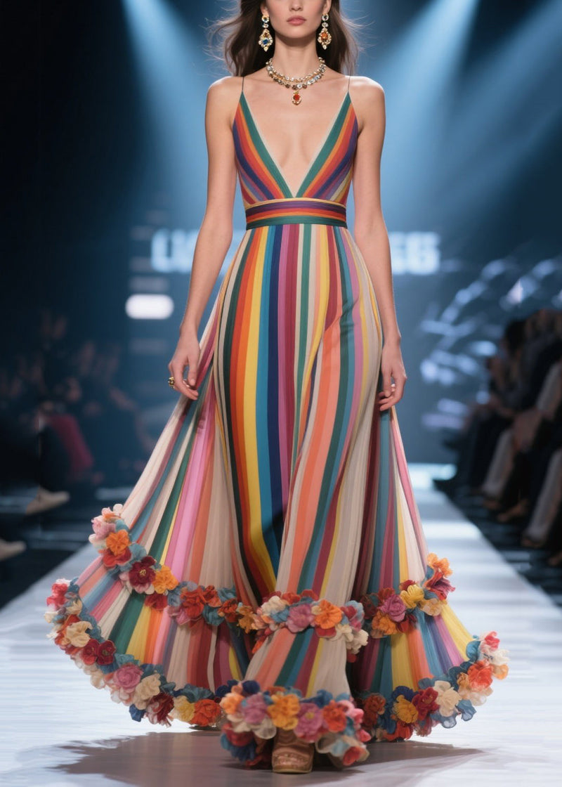 Multicolour Striped Flower Decorated Chiffon Evening Dress Summer