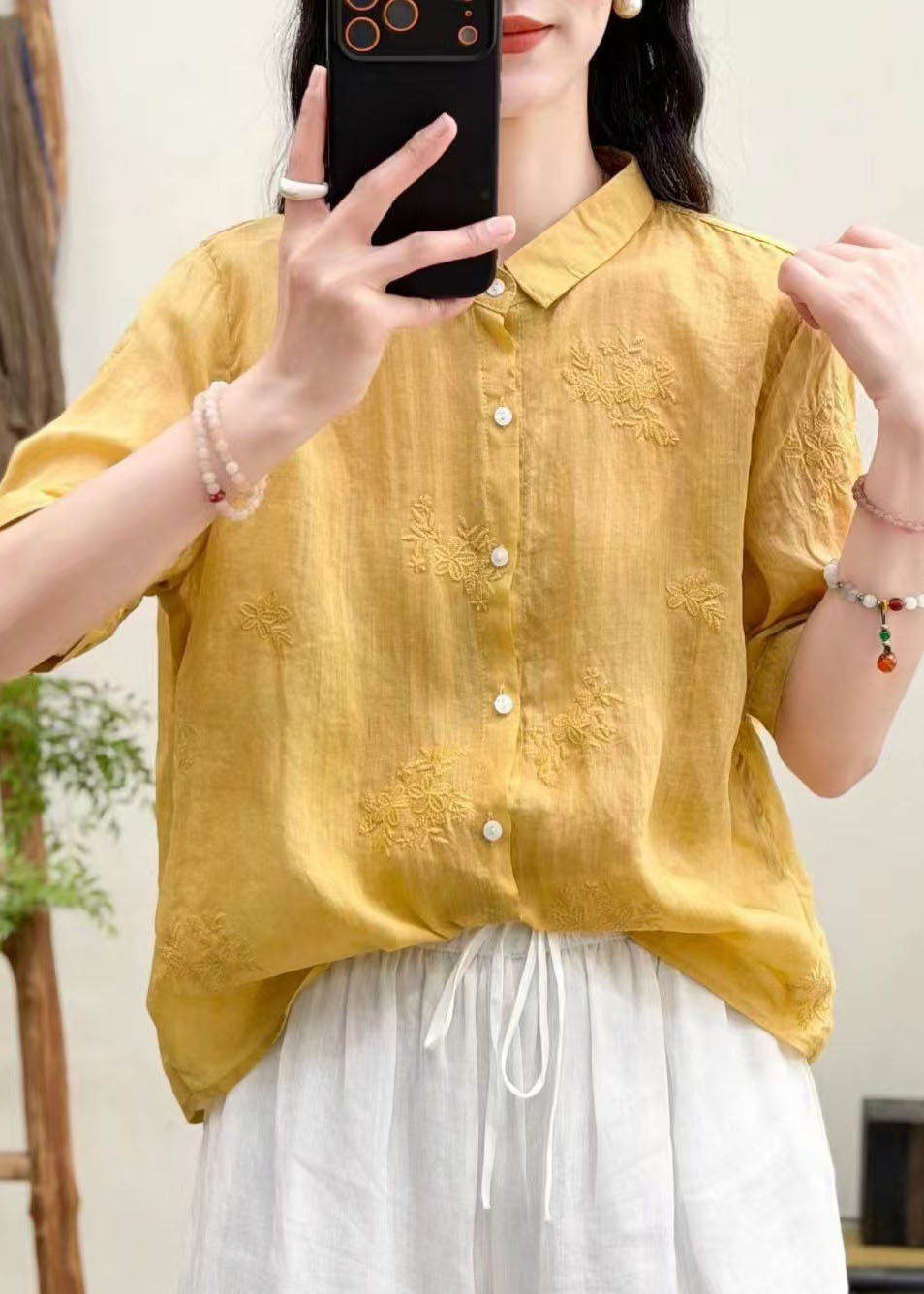Boutique Yellow Embroidered Linen Loose Shirts Summer