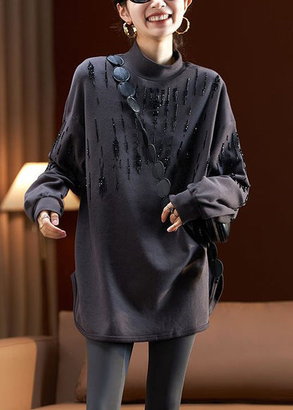 Dark Gray Turtleneck Print Bead Cotton Sweatshirt Long Sleeve