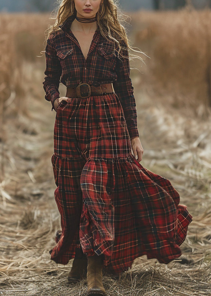 Retro Plaid Pockets Long Sleeve Pastoral Dresses