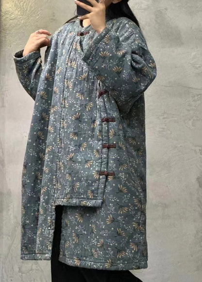 Orange Stand Collar Print Chinese Button Fine Cotton Filled Coats Winter