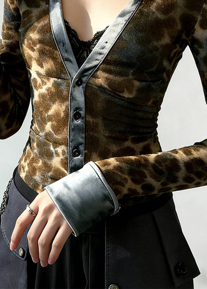 Leopard Print V Neck Patchwork Cotton Blouses Spring