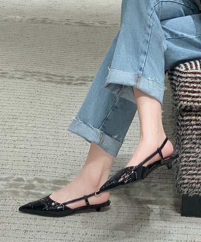 Kitten Sandals Black Cowhide Leather Hollow Out Pointed Toe