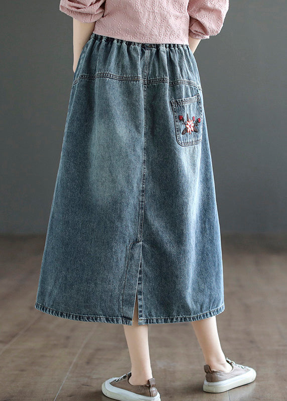 Style Blue Embroideried Patchwork Elastic Waist Denim a Line Skirts Summer