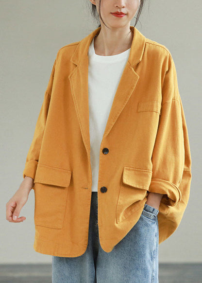 Yellow Notched Pockets Patchwork Cotton Coats Spring