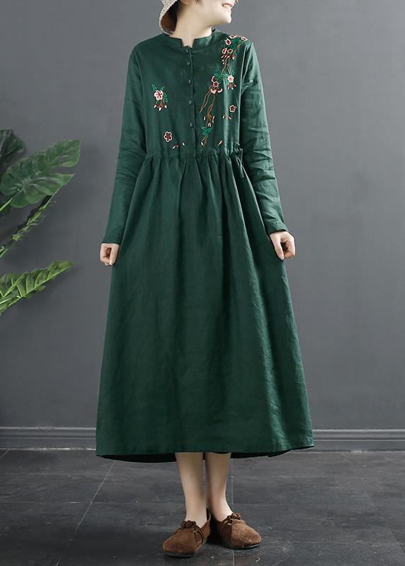 Green Embroidery Long Shirts Drawstring Dresses