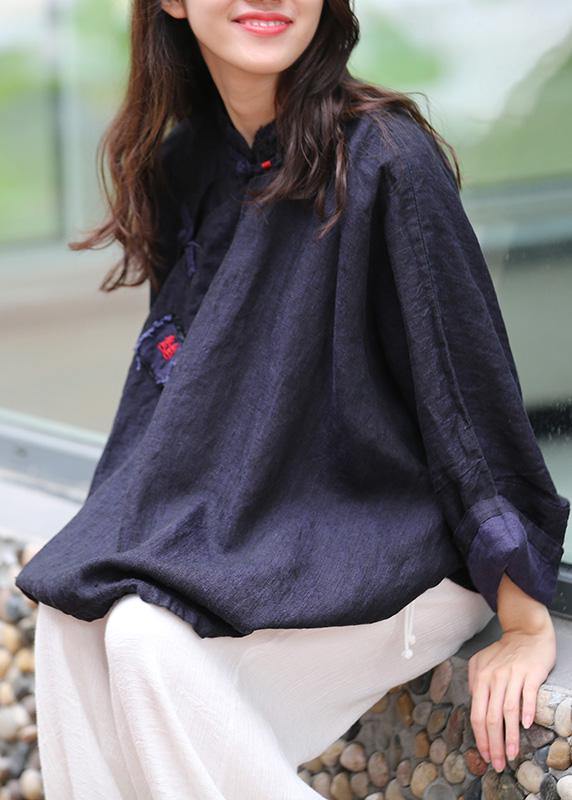Stand Collar Batwing Sleeve Tunic Cotton Navy Shirts Spring