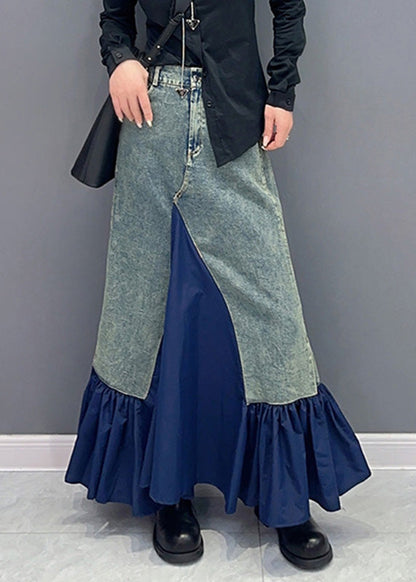 Blue High Waist Pockets Patchwork Denim Skirts