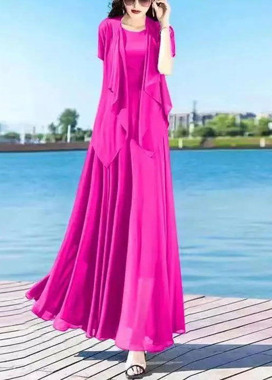 Royalblue O-neck Chiffon Cardigans and Long Dress Two Pieces Set Summer