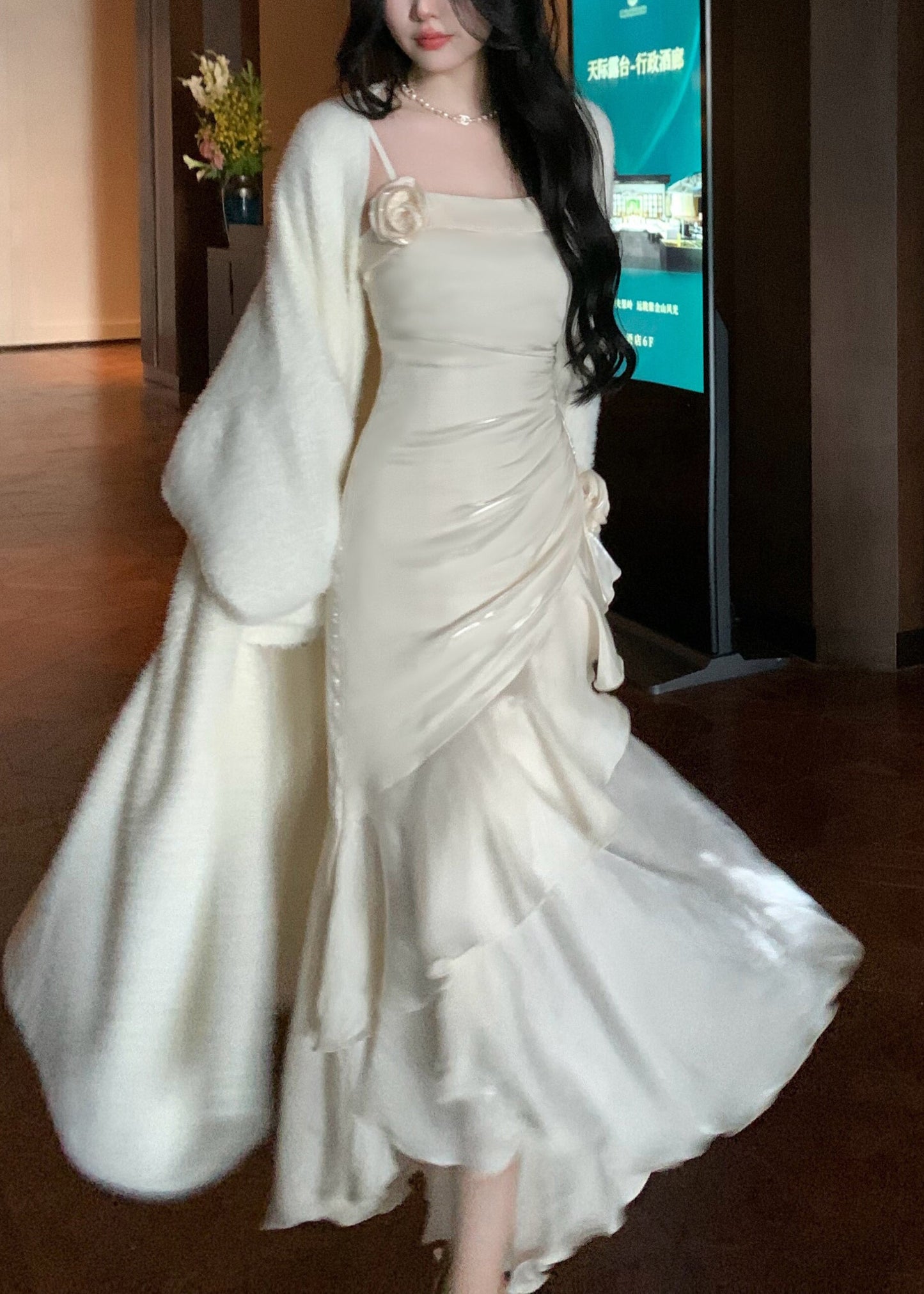 White High Waist Silk Party Dress Ruffled Summer