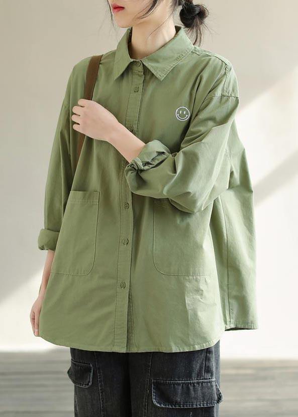 Diy Green Smiling Face Tunic Lapel Pockets Baggy Spring Shirts