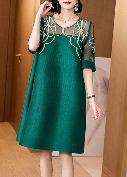 Style Green O-neck Hollow Out Print Silk a Line Dresses Short Sleeve