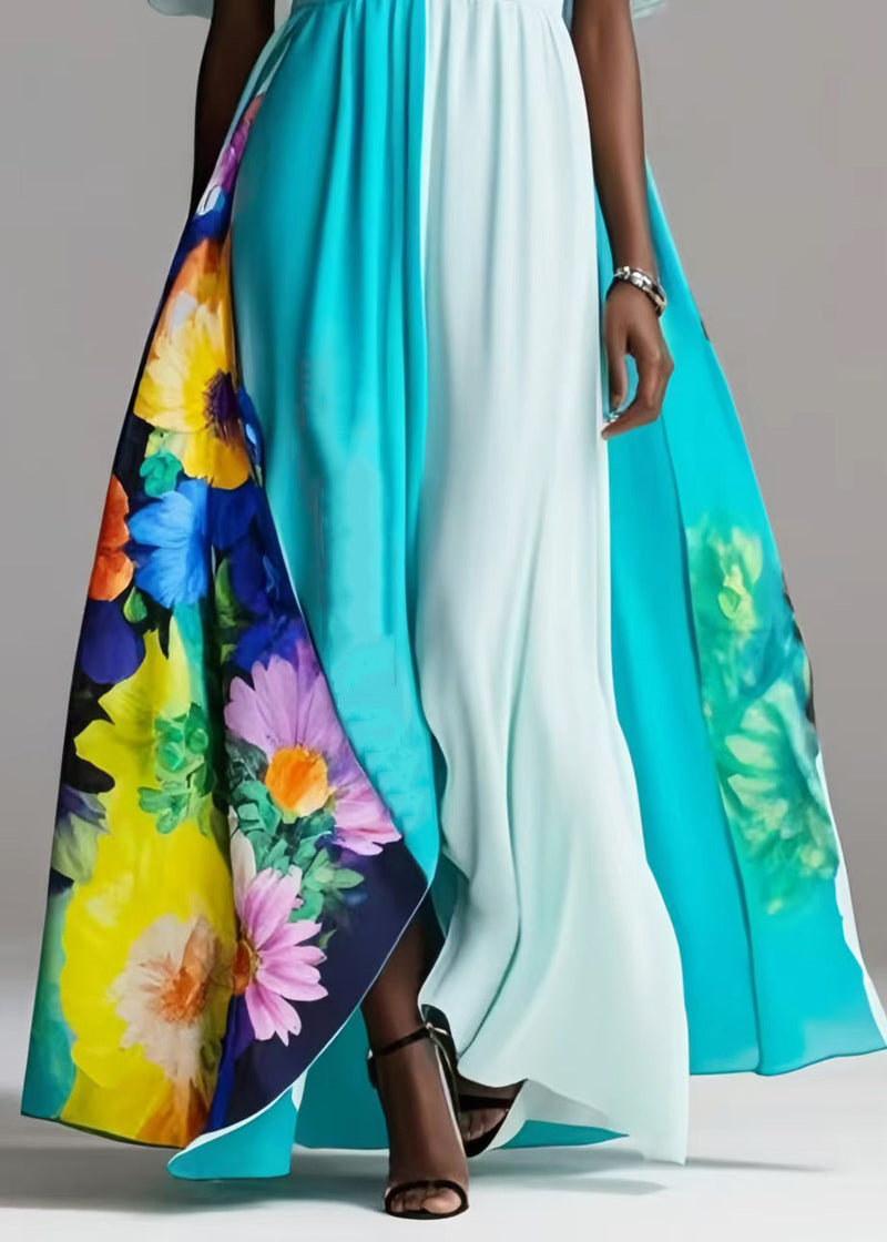 Blue Exra Large Hem Patchwork Silk Vestidos Dress Petal Sleeve