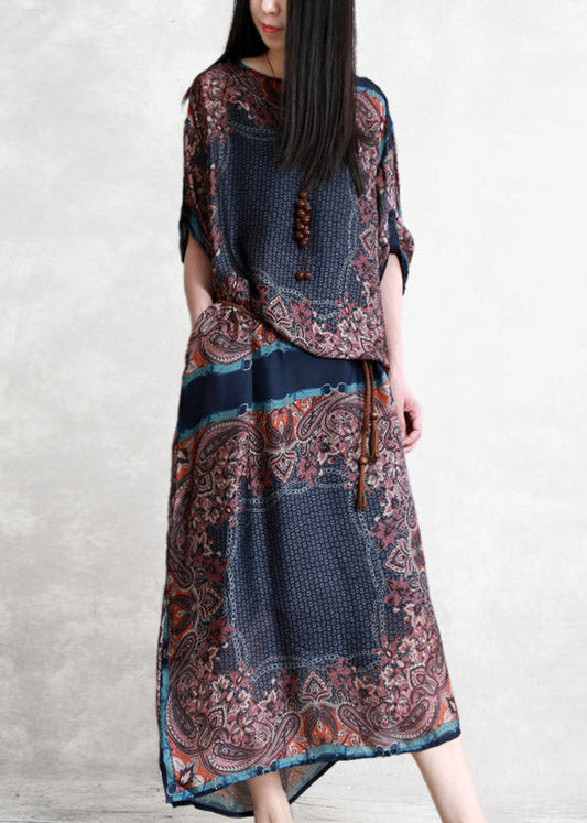 O-neck Print Patchwork Pockets Tie Waist Chiffon Dresses Short Sleeve
