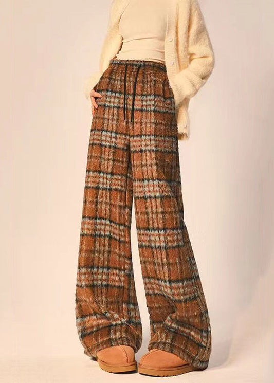 Coffee Plaid Pockets Elastic Waist Cotton Blend Wide Leg Pants Spring