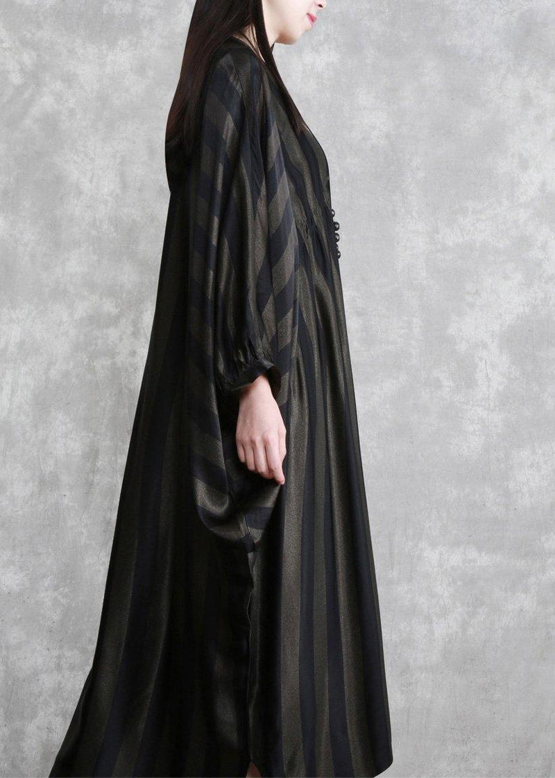 Style Black Striped Silk Maxi Dress Batwing Sleeve a Line Dresses