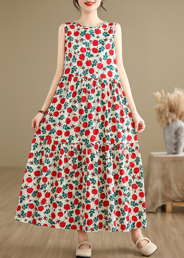 Beige O Neck Print Cotton Long Dresses Sleeveless