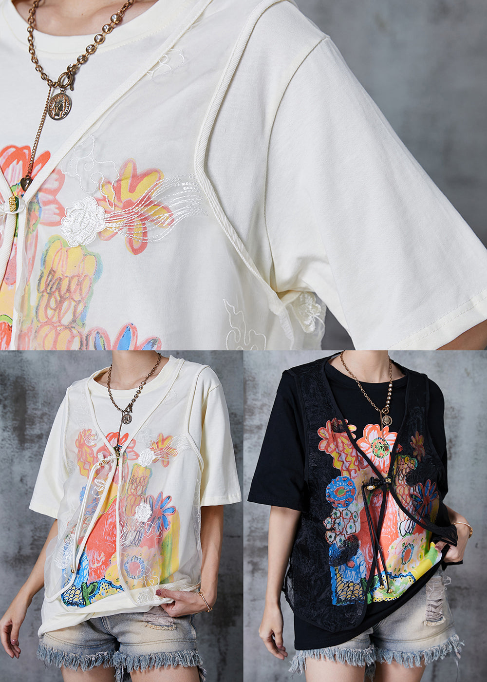 White Print Cotton Tanks and Vests Two Pieces Set Embroidered Summer