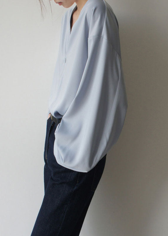 Loose Light Blue V Neck Chiffon Shirts Spring