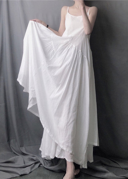 White Asymmetrical Layered Wrinkled Spaghetti Strap Long Dress Sleeveless
