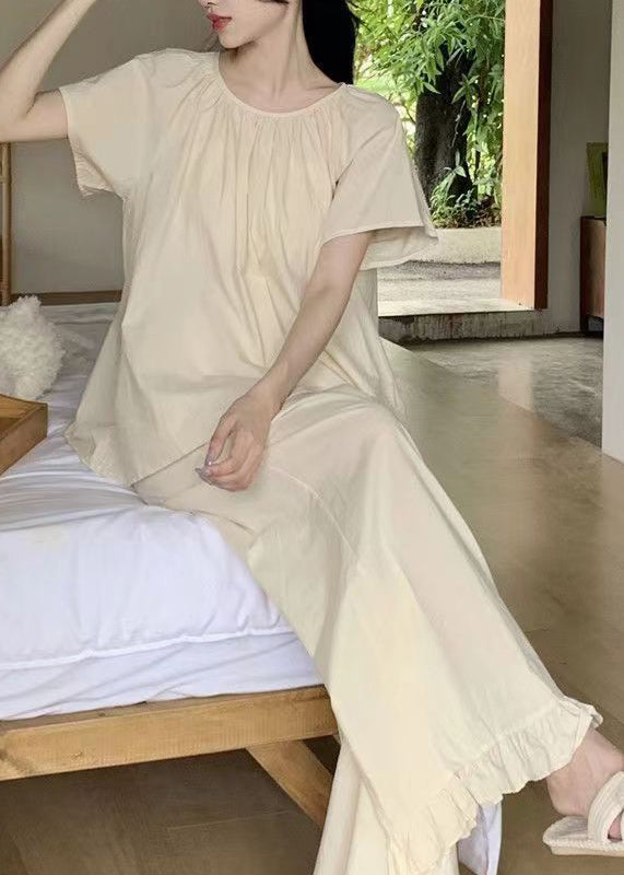Apricot O Neck Cotton Two Pieces Set Pajamas Summer