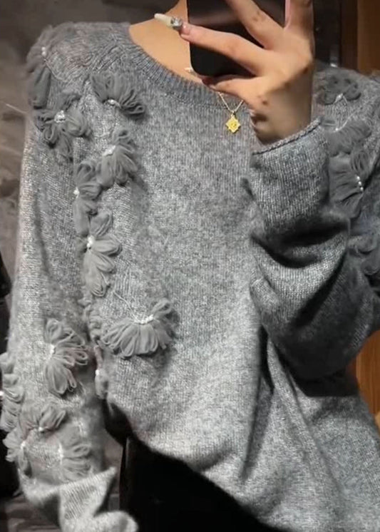 Grey O-neck Cotton Knit Sweater Fall