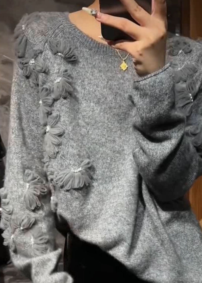 Grey O-neck Cotton Knit Sweater Fall