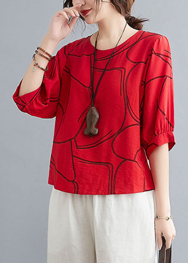 Red Print Cotton Tank Tops O-neck Oversized Lantern Sleeve