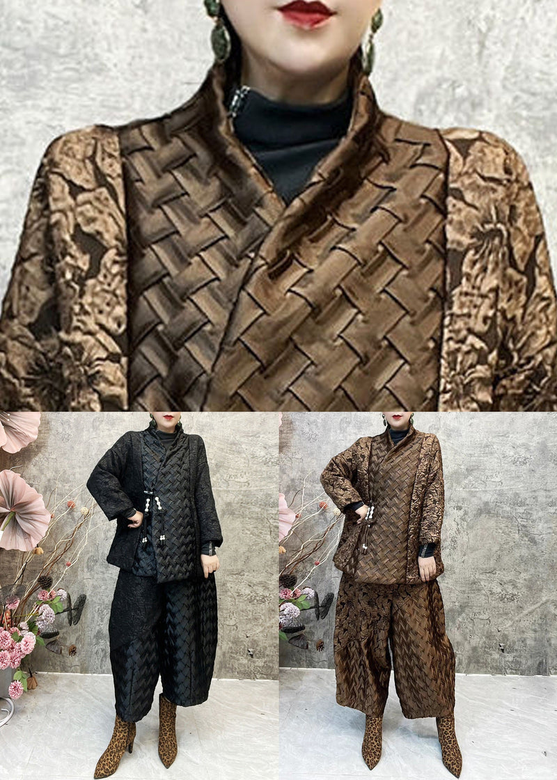 Black Button Patchwork Cotton Filled Two Pieces Set V Neck Long Sleeve