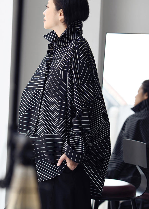 Black Peter Pan Collar Asymmetrical Striped Button Low High Design Cotton Shirt Long Sleeve