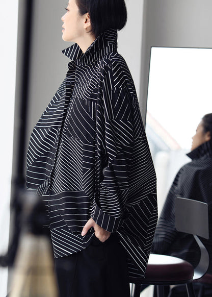 Black Peter Pan Collar Asymmetrical Striped Button Low High Design Cotton Shirt Long Sleeve